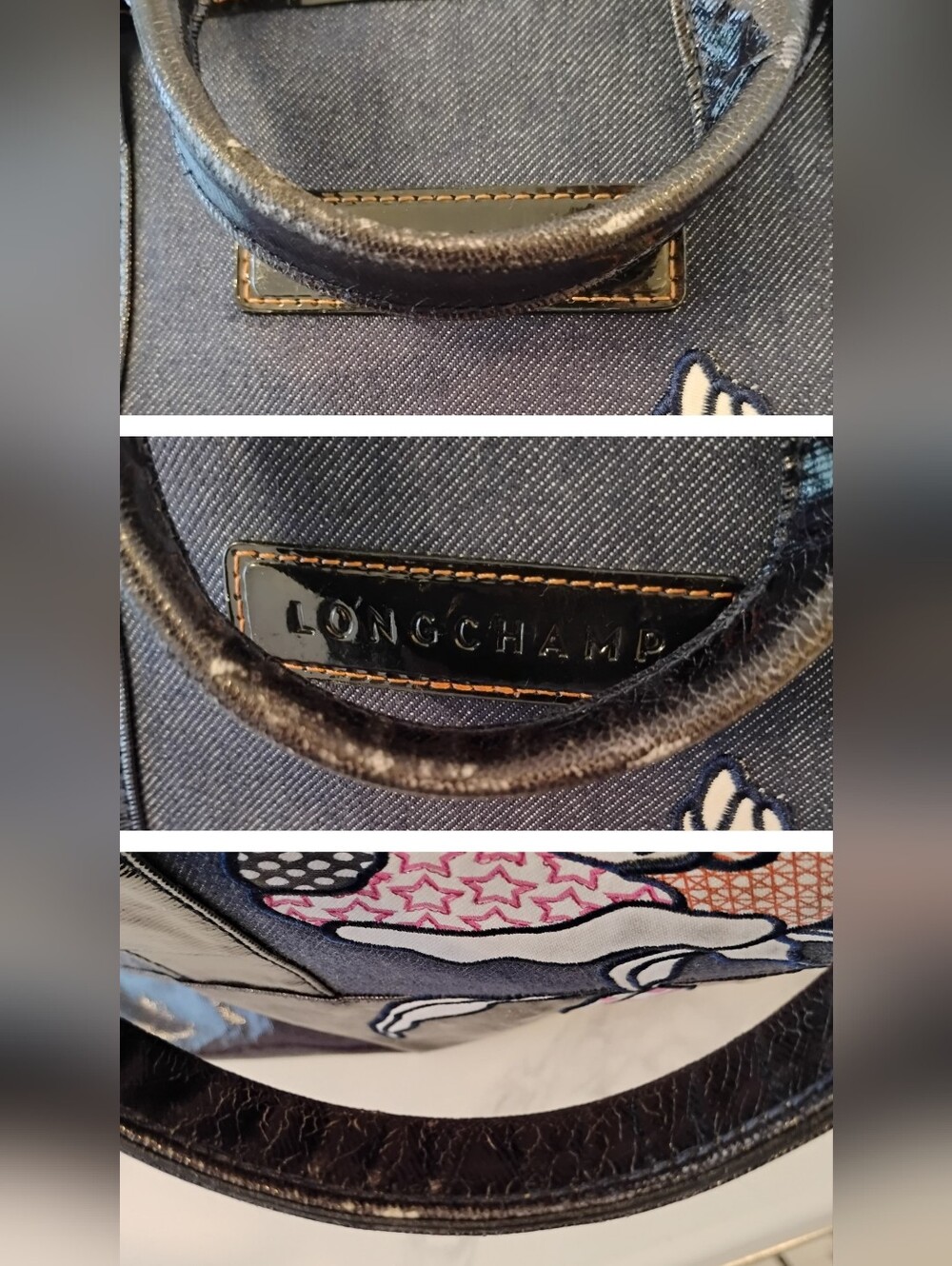 GUC Longchamp Denim & Patent Leather Tote Bag -  Floral Appliqué - Picture 10 of 16